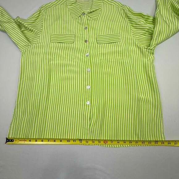 Melrose Silk Studio 100% Silk Lime Green and White Striped Long Sleeve Button Do - Picture 9 of 11